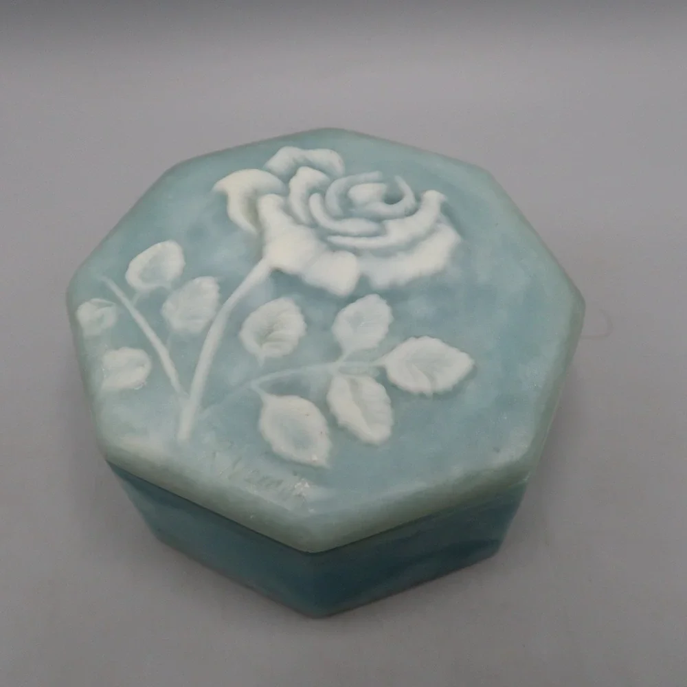 Trinket Box Octogen Shaped Blue & White Rose Soapstone Jewelry Treasure